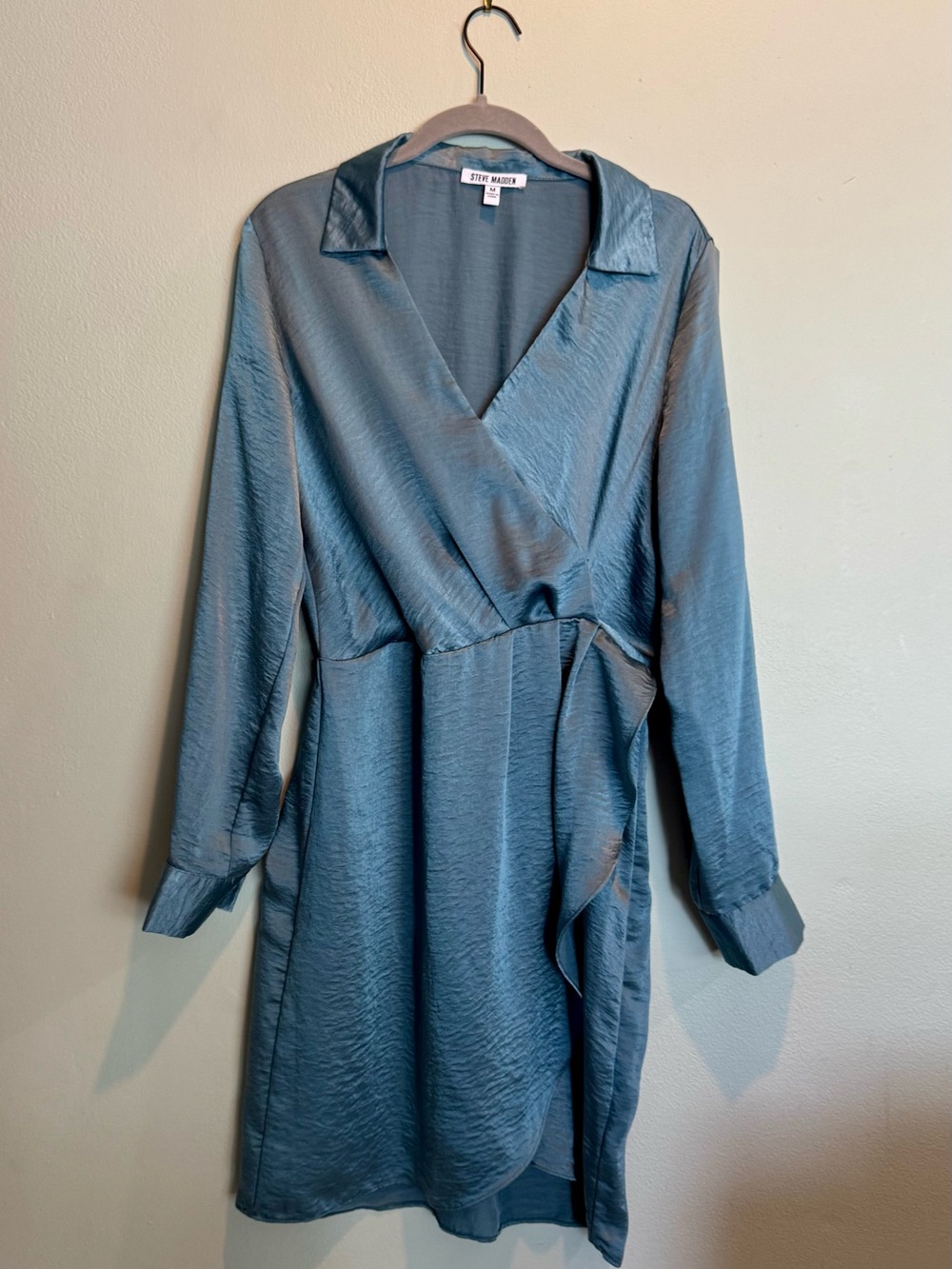Steve Madden Blue Satin Wrap Dress with Notched Collar